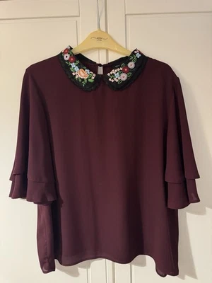 New Look Size 16 Wine Burgundy Blouse With Floral Embroidery Collar - Image 1 of 2