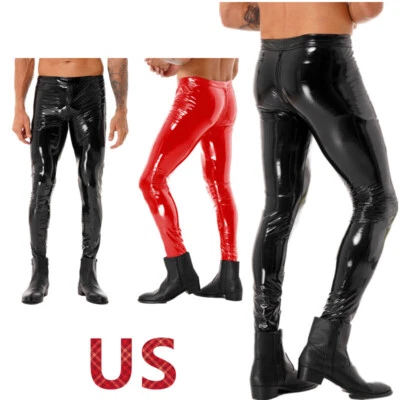 Mens Patent Leather Trousers Low Rise Slim Fit Pants Wet Look Shiny Clubwear - Image 1 of 2