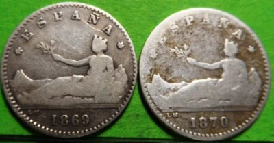 PROVISIONAL GOVERNMENT, Two coins of 50 Centimos, 1869 and 1870, Silver , SPAIN - Image 1 of 2