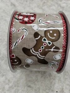 10 yd Jingles & Joy GINGERBREAD PEPPERMINT WIRED Marshmallow RIBBON DIY 2.5 - Picture 1 of 3