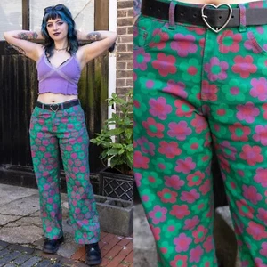 RUN AND FLY Green Flower Power Jeans Wide Leg 90's Mom jeans - Picture 1 of 5