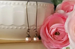 Blush pink pearl earrings long dangle classic bridal bronze vintage style simple - Picture 1 of 5