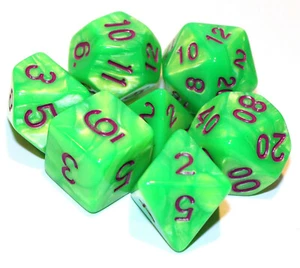 7 Piece Green Marble Polyhedral Dice Set w/ Purple Numbers - Citrus Dice Bag - Picture 1 of 2