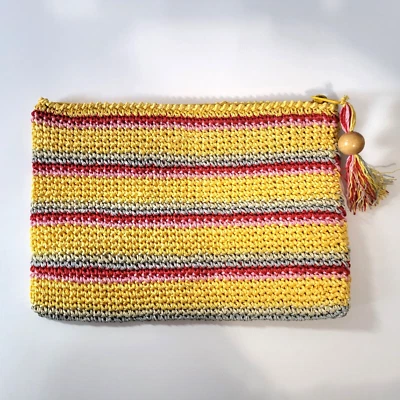 Cartera sin asas vintage Goldwaters tejida a rayas paja borlas cremallera 10,5 x 7,25" Foto 1 de 4