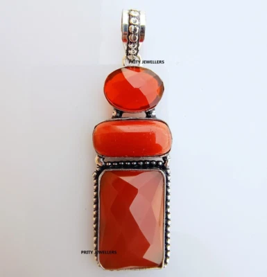 Red Onyx Coral Garnet 925 Sterling Silver Large Handmade Pendent Necklace - Image 1 of 4