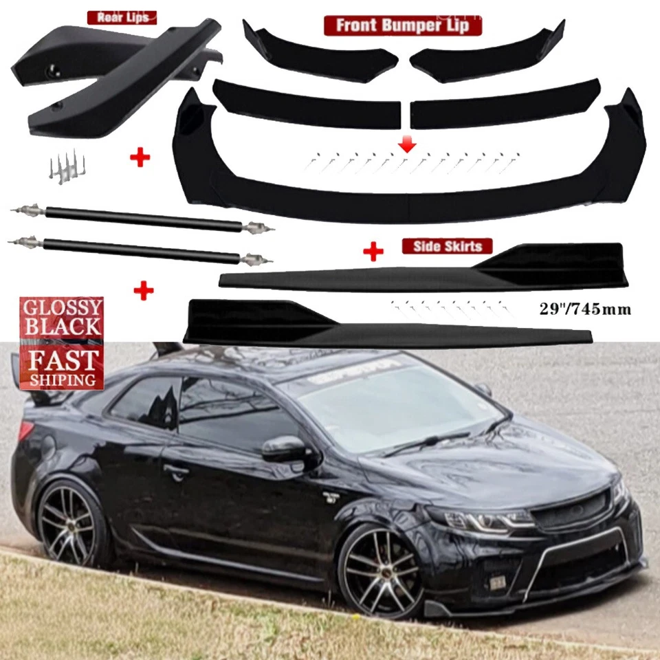 For Kia Forte Koup 10-17 Front Rear Bumper Lip Spoiler+29"Side Skirt+Strut Rod - Image 1 of 4