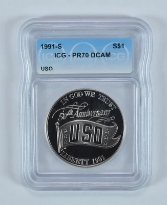 1991-S USO Commemorative Silver Dollar PR70 DCAM ICG *9085 - Image 1 of 4