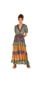 Anthropologie Farm Rio Tiered Maxi Dress Ruffled Mixed Print Floral Size Small - Picture 1 of 5