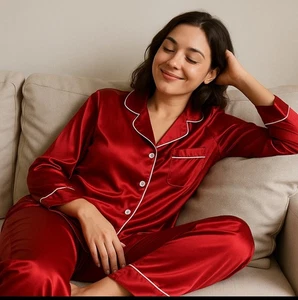 Red Satin Pajamas PJs Womens Medium 2 PC Set Christmas Loungewear Sleep - Picture 1 of 11