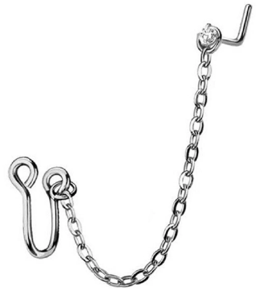 Nose Ring L Bend Stud Chain CZ  top Clip om - Image 1 of 1