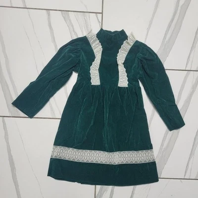 Niñas Vintage Verde Terciopelo Navidad Vestido con Mangas Largas Foto 1 de 4