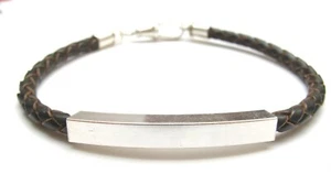 925 Sterling Silber Röhre Braun Leder Armband Armreif Geflochten Herren Herren Manschette Neu - Bild 1 von 5