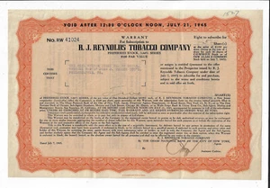 North Carolina 1945 R. J. Reynolds Tobacco Company Preferred Stock Certificate - Bild 1 von 2