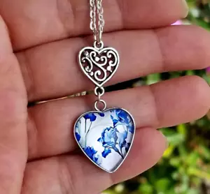 Silver Iris Necklace, Iris Pendant Necklace, Blue & White Iris Heart Pendant - Picture 1 of 5