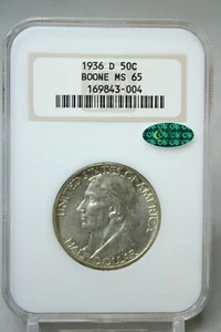 1936-D Boone Comm. Half Dollar 50C NGC MS65 Green CAC Old Fatty Holder #3004 - Picture 1 of 4