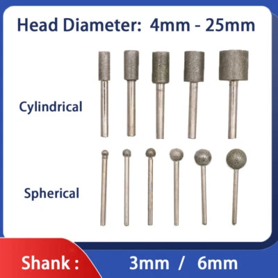 Shank 3mm/6mm Cylinder Ball Diamond Coated Grinding Head Carving Burr Bit Rotary - Image 1 of 4