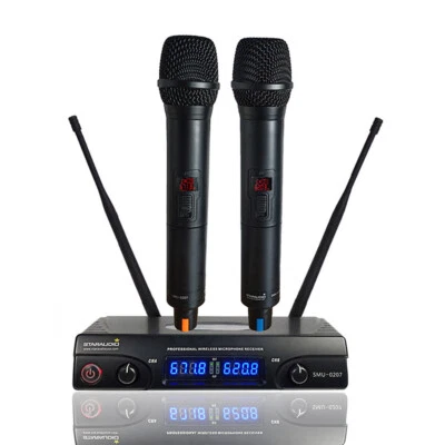 2 Channel Wireless Microphone System UHF Dual Handheld Stage Church Microphone - Image 1 of 4