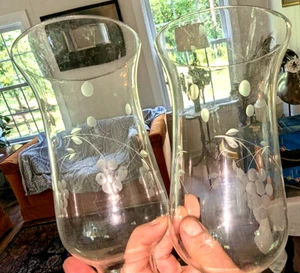 2 Vtg Clear Etched Glass Hurricane Shades Grapes 6" T, 1 1/2" D, 1 3/4" Fitter - Picture 1 of 4