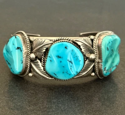 Vintage Navajo G ADAKAI CHUNKY Sleeping Beauty Turquoise Sterling Bracelet 7.5in - Image 1 of 4