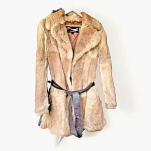 VTG Rabbit Fur Coat Brown 1970s Leather Belt Size 11/12 Retro - Picture 1 of 14