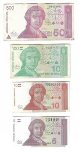 Croatian banknotes 1991. - 500 Dinara + 100 Dinara + 10 Dinara + 5 Dinara ! - Picture 1 of 2