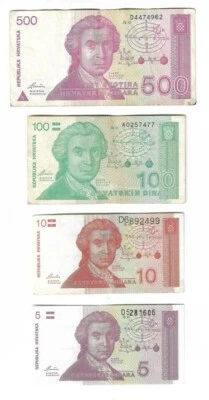Croatian banknotes 1991. - 500 Dinara + 100 Dinara + 10 Dinara + 5 Dinara ! - Image 1 of 2