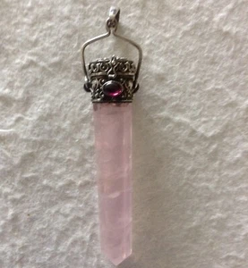 Vintage Rose Quartz Point Sterling Silver Pendant Adorned with Garnet Gemstone. - Picture 1 of 12