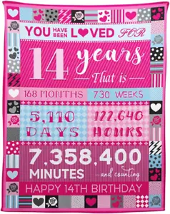 14 Year Old Girl Birthday Gifts, Pink Love Rose Elements Happy Birthday Blanket, - Picture 1 of 6