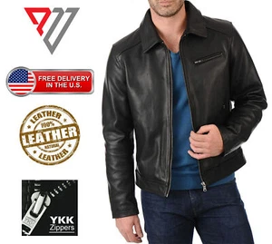 Herren Echt Lammleder Weich Schwarz Leder Klassisch Slim Fit Motorrad Biker Jacken - Bild 1 von 3