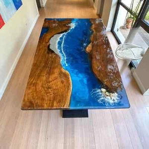 Handmade Blue Epoxy Resin River Dining Table | Live Edge Wood | Custom Furniture - Picture 1 of 13