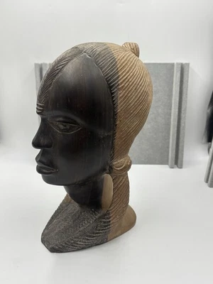 African Lady Tribal Wooden Carved Two Tone Sculpture Head - Image 1 of 4