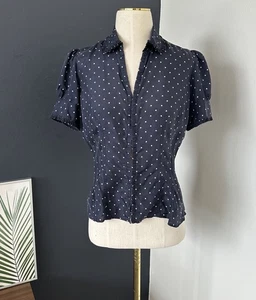 Vintage Ralph Lauren Silk Ruffle Blouse Polka Dot Navy Blue Short Sleeve Preppy - Picture 1 of 10