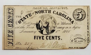 1863 The State of North Carolina, Fractional Currency, 5 cents Raleigh - Picture 1 of 5