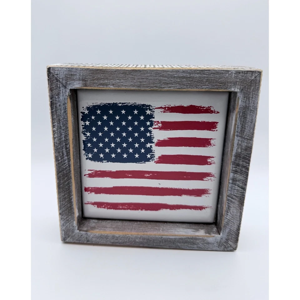 Arte de pared rústico con marco de madera envejecida bandera americana decoración Foto 1 de 3