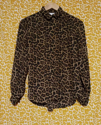 H&M Blusa Transparente Elegante Estampado Leopardo Botón Manga Larga Talla 4 Foto 1 de 4
