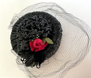 Vintage Small Black Straw Pillbox Hat w Veil Red Flower