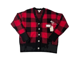 NWT Tommy Bahama Womens Buffalo Holiday Plaid Cardigan M Red Black Jewel Button - Picture 1 of 9