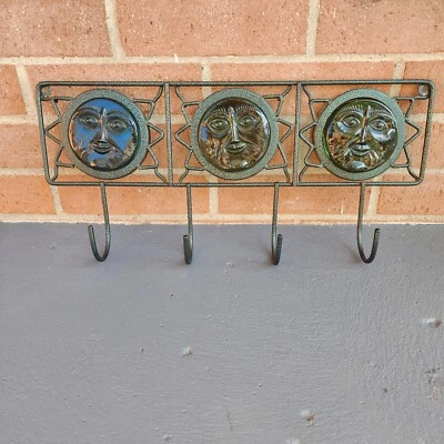 Celestial Wall 4 Hook Rack Art Glass Sun Moon Face Iron Metal Green Coat Holder - Image 1 of 4