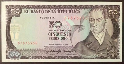 1983 COLOMBIA PAPER MONEY -  50 PESOS ORO UNCIRCULATED BANKNOTE! - Image 1 of 2