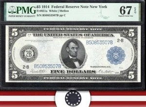 1914 $5 NEW YORK FRN FEDERAL RESERVE NOTE PMG 67 EPQ Fr 851a 53507 - Picture 1 of 3