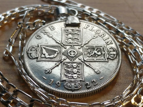 1920-1926 High Shine!  UK SILVER FLORIN Pendant  on a 26" .925 Silver Link Chain Cover