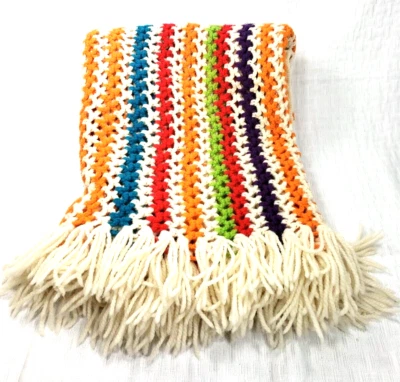 Vintage Hand Crocheted Knit  Afghan Chair Throw Lap Blanket Stripes 50” x 38” - Image 1 of 4