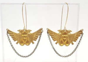 Egyptian Revival Wings Serpent Earrings Dangle Chain Hook Stamped Metal Embossed - Picture 1 of 15