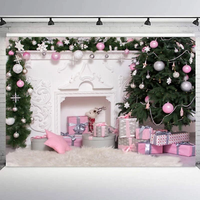 Fondo de vinilo de Navidad rosa de pino nevado verde de 10x8 pies Foto 1 de 4