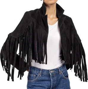 Women Genuine Lambskin Black Suede Leather Fringe Stylish Cropped Jacket WFJ2a - Picture 1 of 11