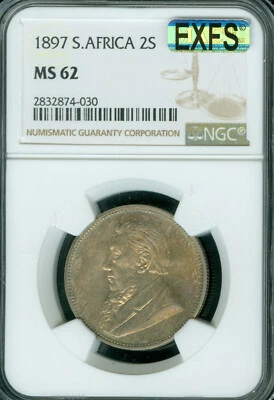 1897 SOUTH AFRICA 2 SHILLINGS NGC MS62 EXFS MAC EXCEPTIONAL 1ST STRIKE * - Image 1 of 2