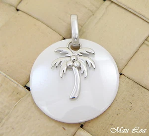 925 Silver Rhodium Hawaiian Coconut Palm Tree White Ceramic Circle Round Pendant - Picture 1 of 2