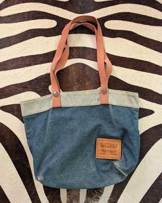 Rare VTG 80s Levi's 501 Big E Denim Jeans Indigo Leather Patch Tote Purse Bag - Image 1 of 4