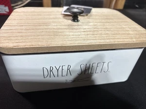 RAE DUNN ~ "DRYER SHEETS"  Metal Laundry Tin ~ White With Wooden Top ~NWT - Picture 1 of 5