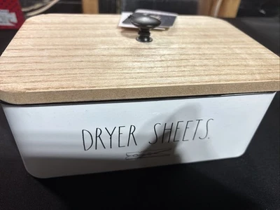 RAE DUNN ~ "DRYER SHEETS"  Metal Laundry Tin ~ White With Wooden Top ~NWT - Image 1 of 4